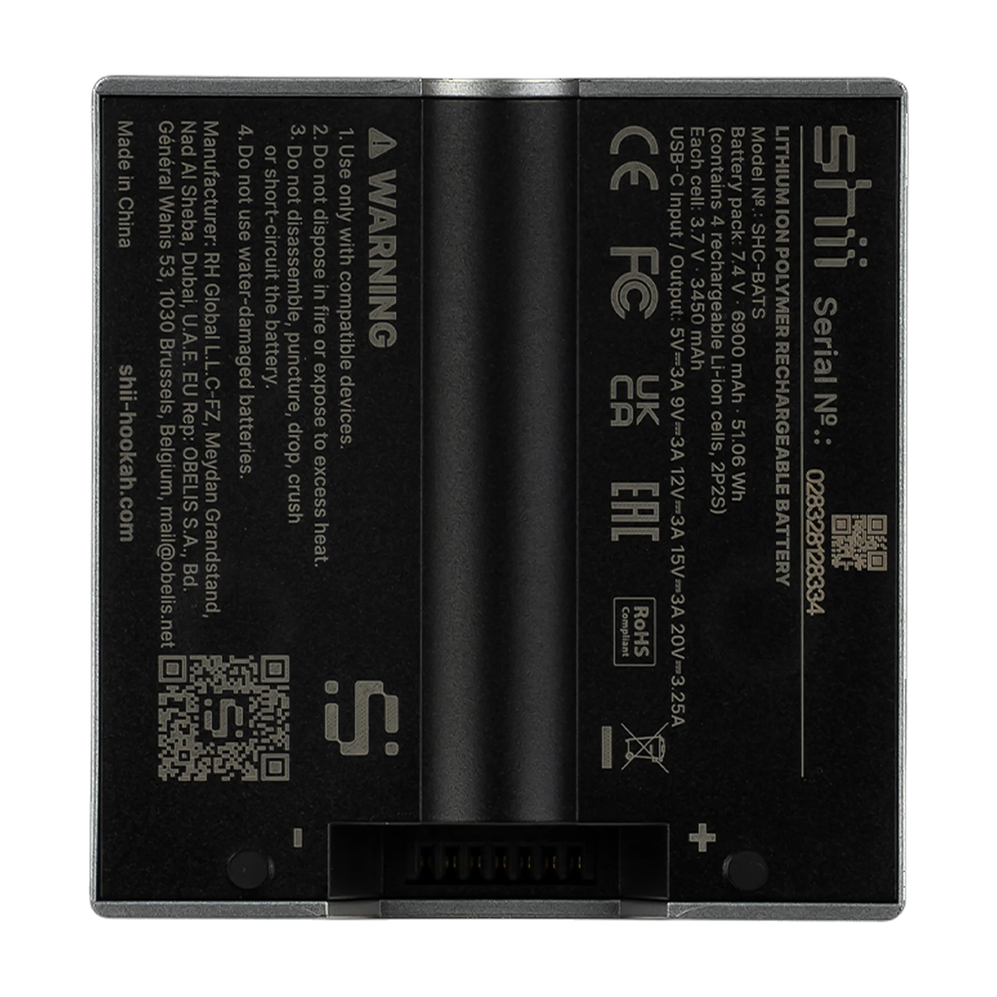 R&uuml;ckseite der shii Battery in Ink Black mit Typenschild und Kontaktleiste