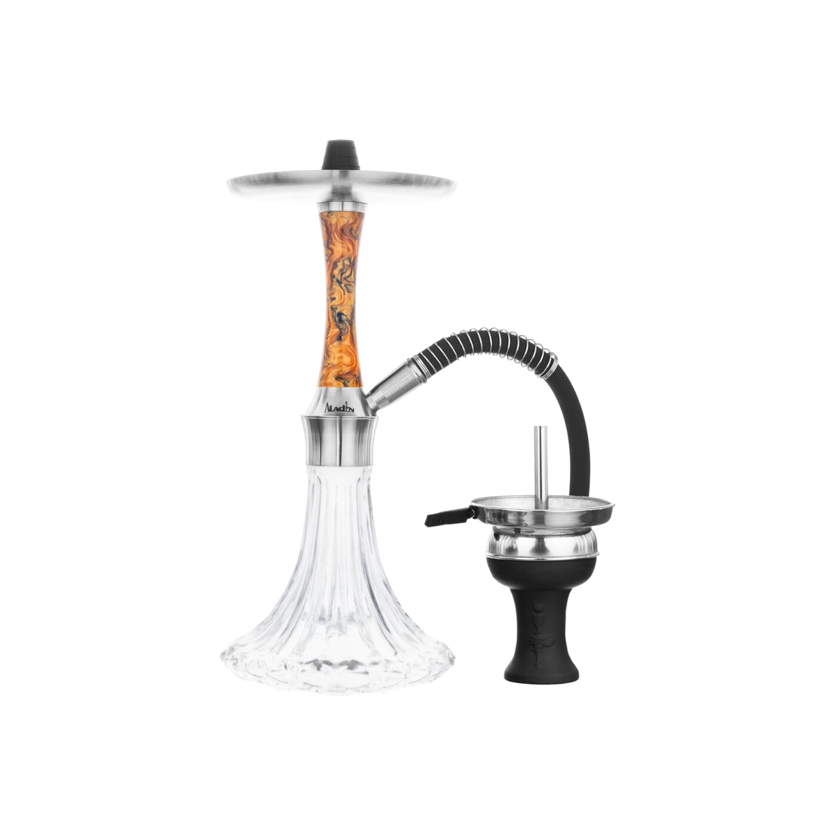 Aladin Epox 360 Pro Shisha Golden Wood mit orange-braun gemasertem Epoxidharz-Sleeve, Glasbowl, Schlauch und Kopf