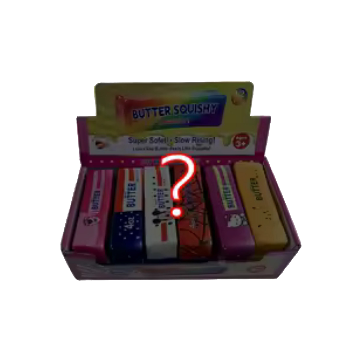 Verkaufsdisplay der Squishy Mystery Butter mit Fragezeichen vor bunten Butterst&uuml;cken