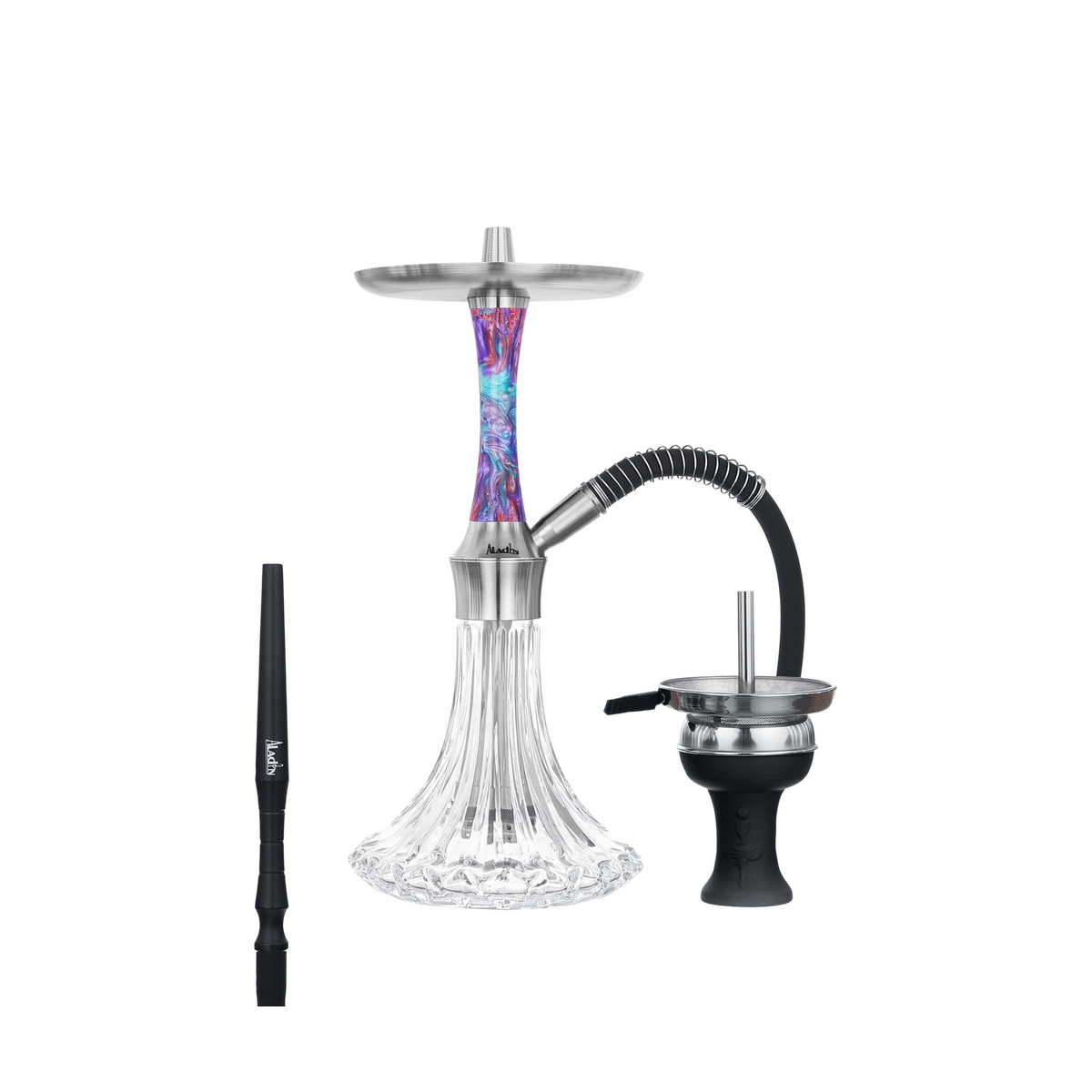 Aladin Epox 360 Shisha Purple Dream mit lila-t&uuml;rkis marmoriertem Epoxidharz-Sleeve, geschliffener Glasbowl, Schlauch und Kopf
