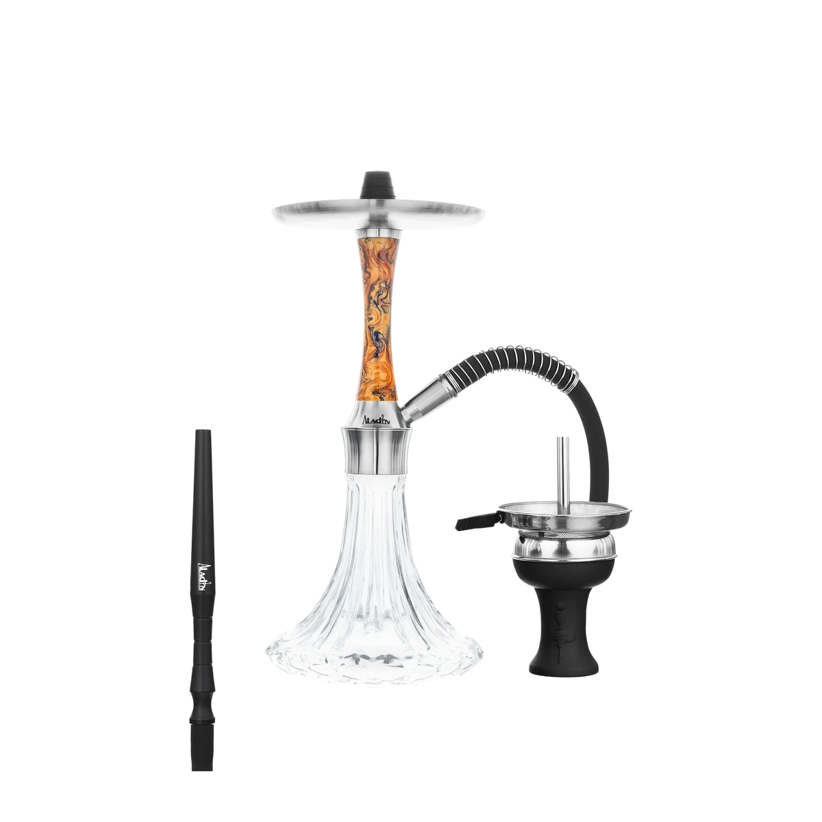 Aladin Epox 360 Pro Shisha Golden Wood mit orange-braun gemasertem Epoxidharz-Sleeve, Glasbowl, Schlauch und Kopf