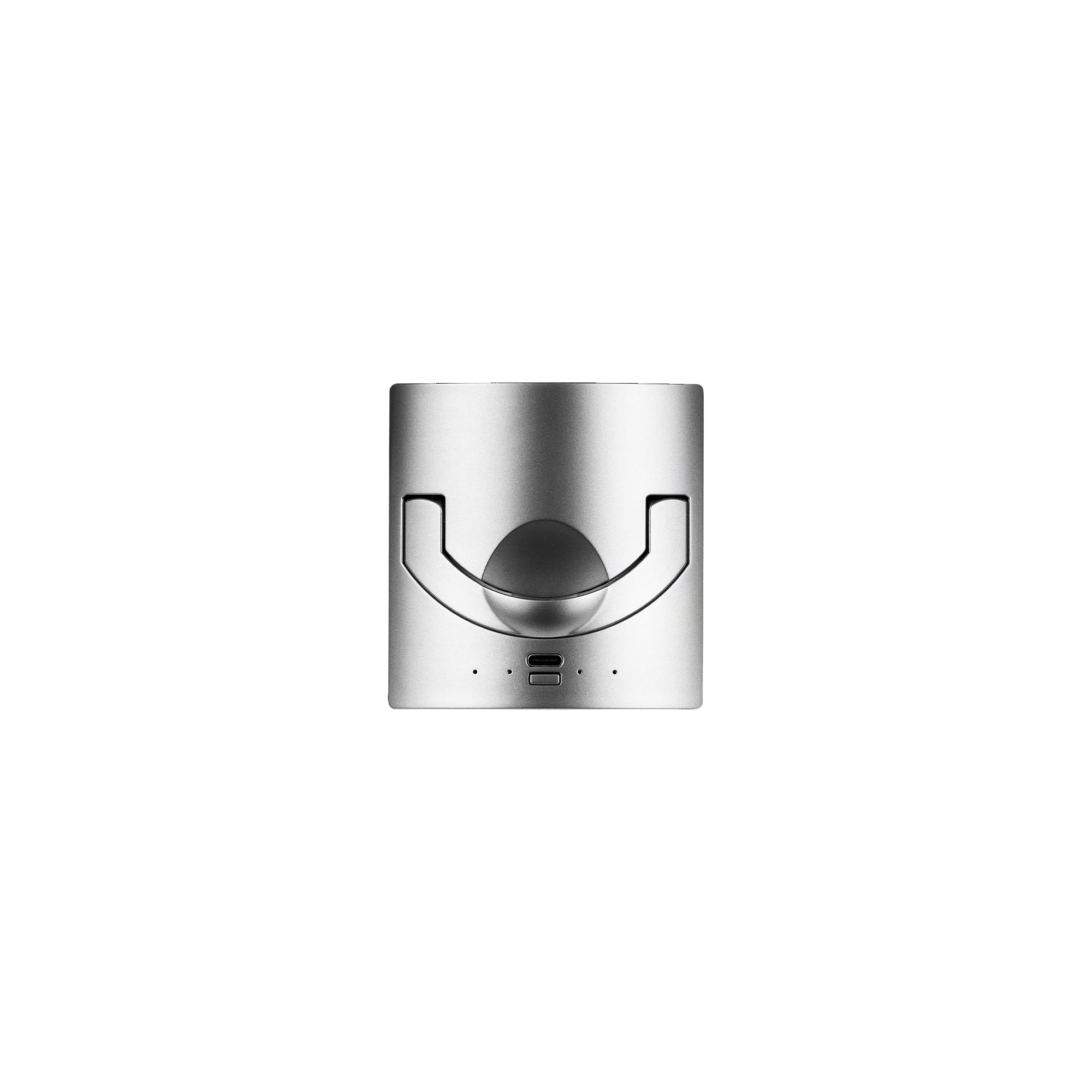 shii Battery L in Silk Gray, silberne Au&szlig;enseite mit Griffmulde, USB-C-Ladebuchse und Ladestandsanzeige
