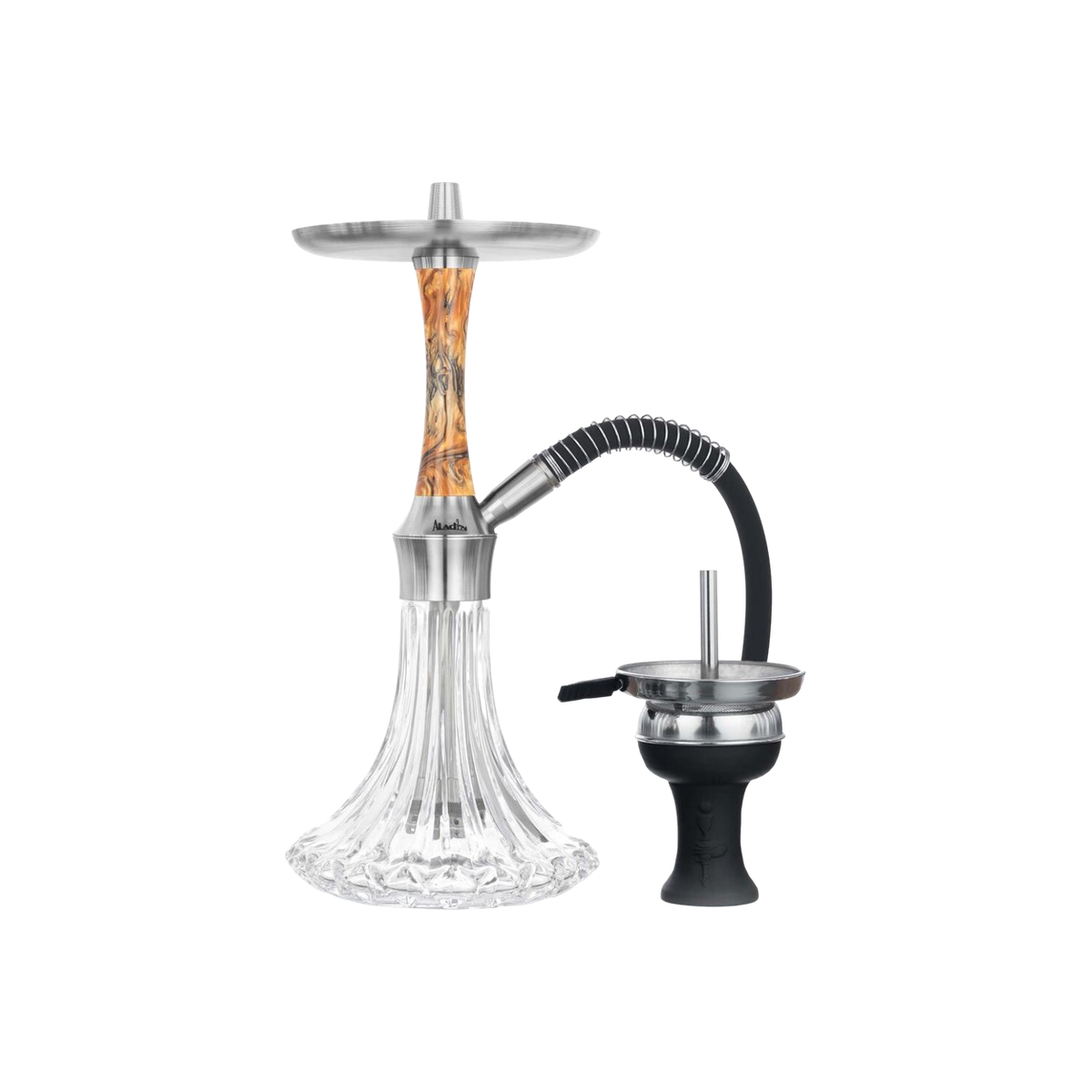 Aladin Epox 360 Shisha Golden Wood mit orange-braun gemasertem Epoxidharz-Sleeve, geschliffener Glasbowl, Schlauch und Kopf