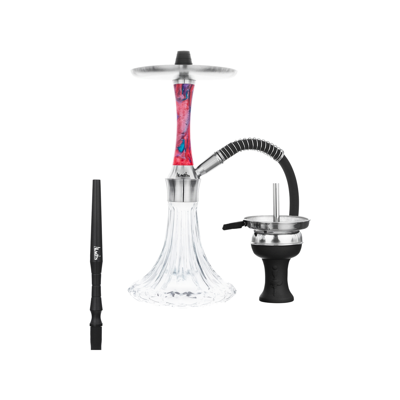Aladin Epox 360 Pro Shisha Galaxy mit rot-blau marmoriertem Epoxidharz-Sleeve, Glasbowl, Schlauch und Kopf