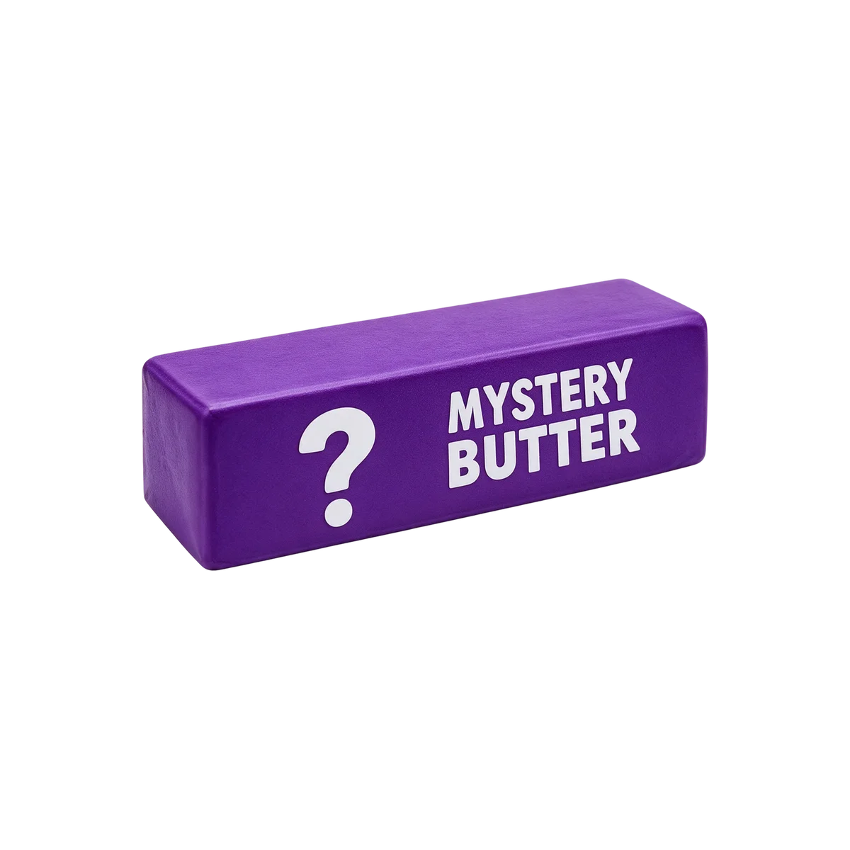 Lila Squishy in Butterst&uuml;ck-Form mit Fragezeichen und Aufdruck Mystery Butter