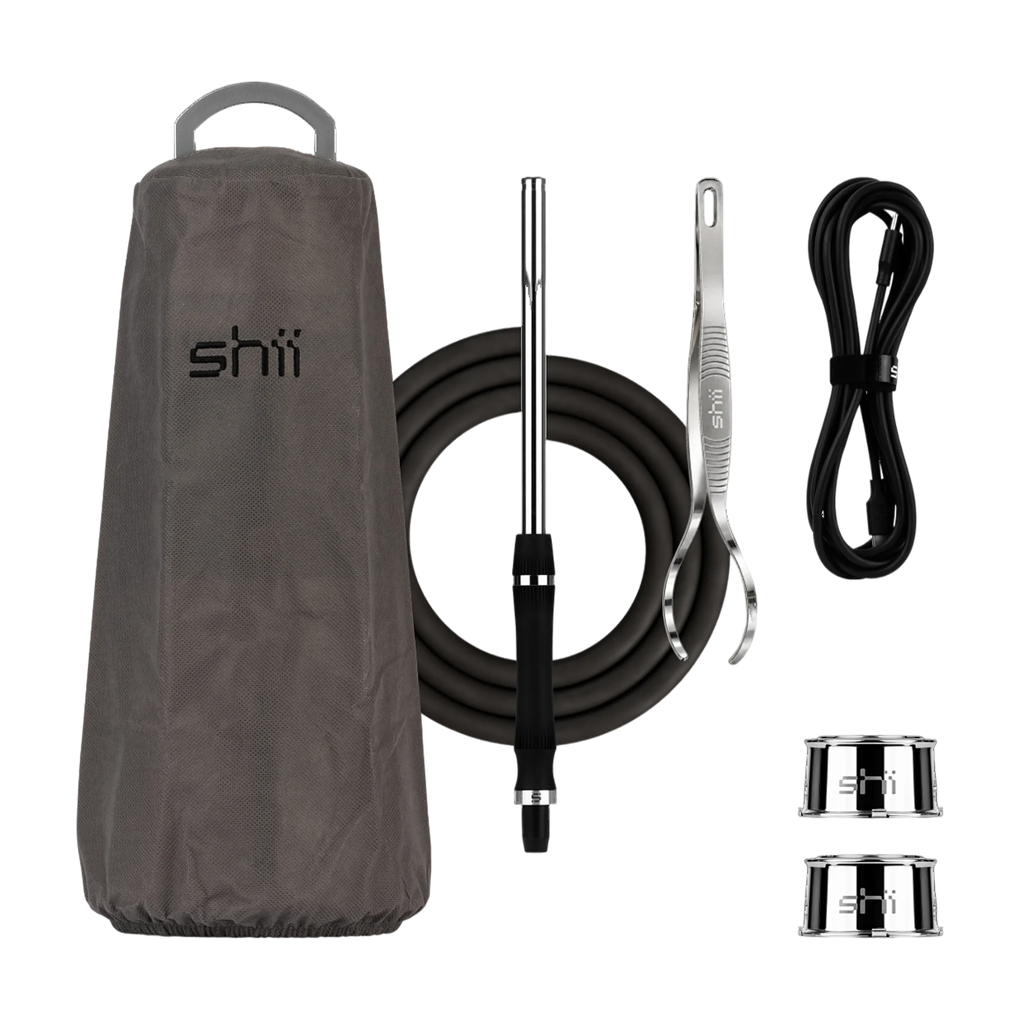 Lieferumfang der shii: Staub-Cover, Schlauch mit Mundst&uuml;ck, Pod-Zange, USB-C-Kabel und zwei Pods