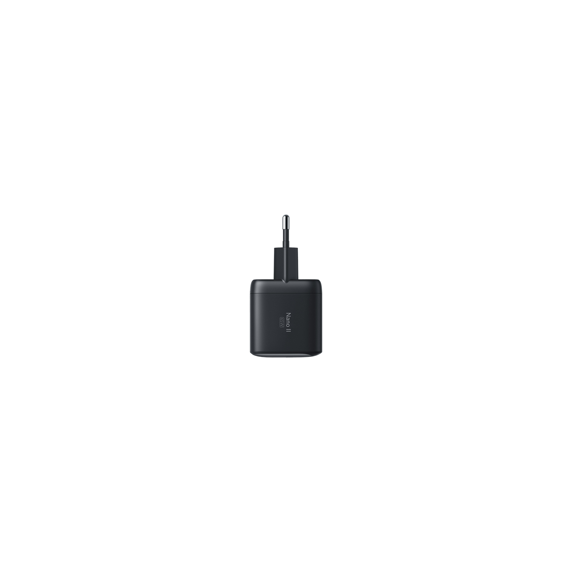 Anker Nano II 65W Netzteil in Schwarz, Seitenansicht mit Aufdruck Nano II 65W und Eurostecker