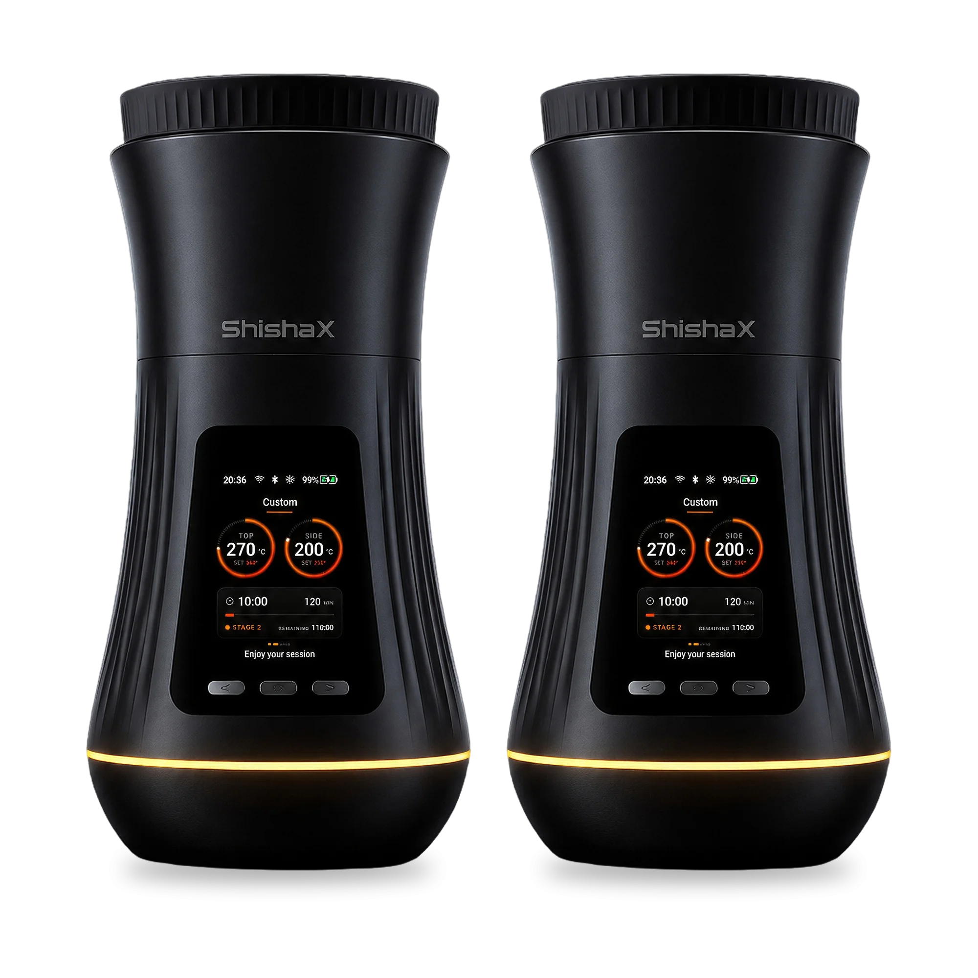 ShishaX VOLTA DUO Pack: zwei ShishaX VOLTA Black nebeneinander mit leuchtenden Displays