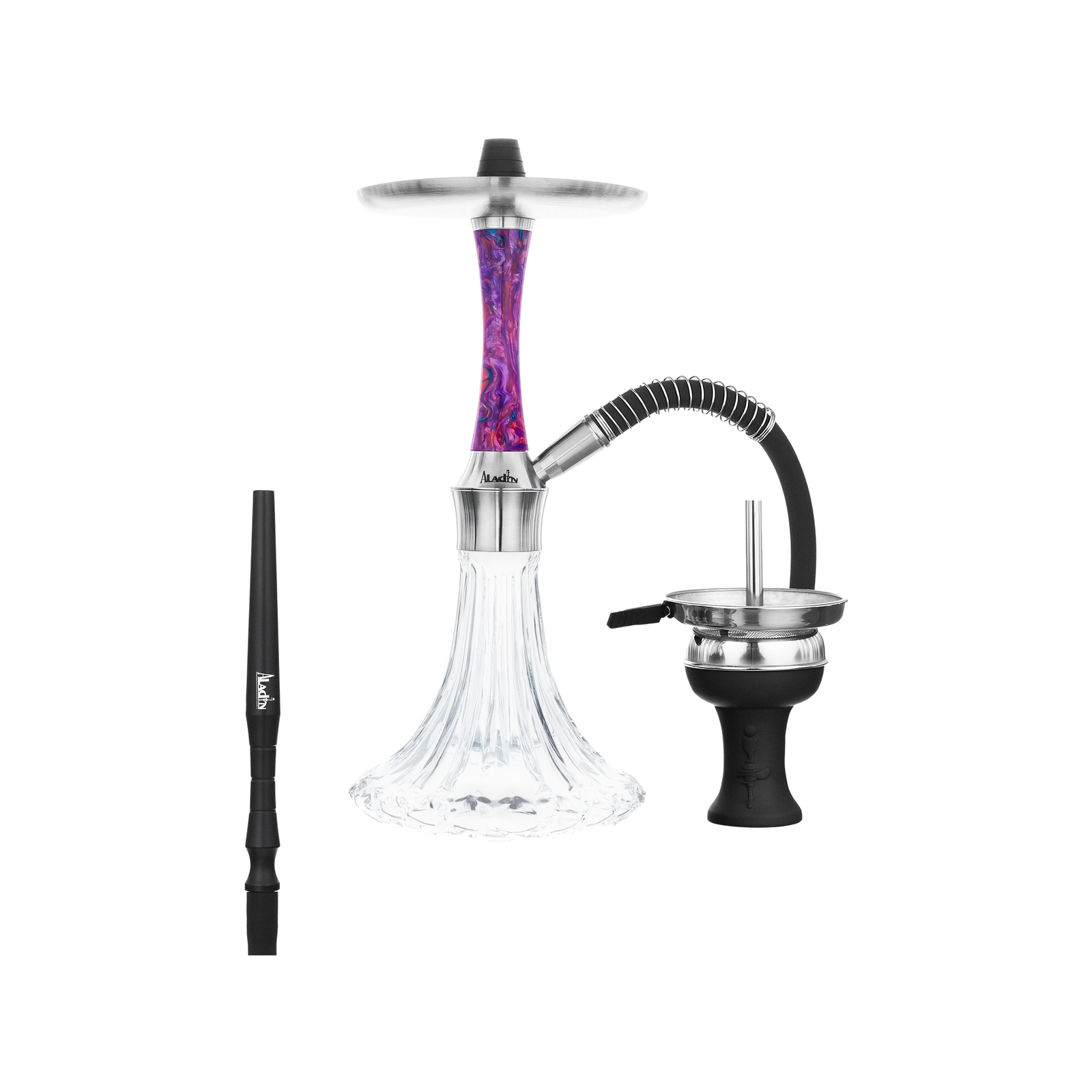 Aladin Epox 360 Pro Shisha Purple Dream mit lila-pink marmoriertem Epoxidharz-Sleeve, Glasbowl, Schlauch und Kopf