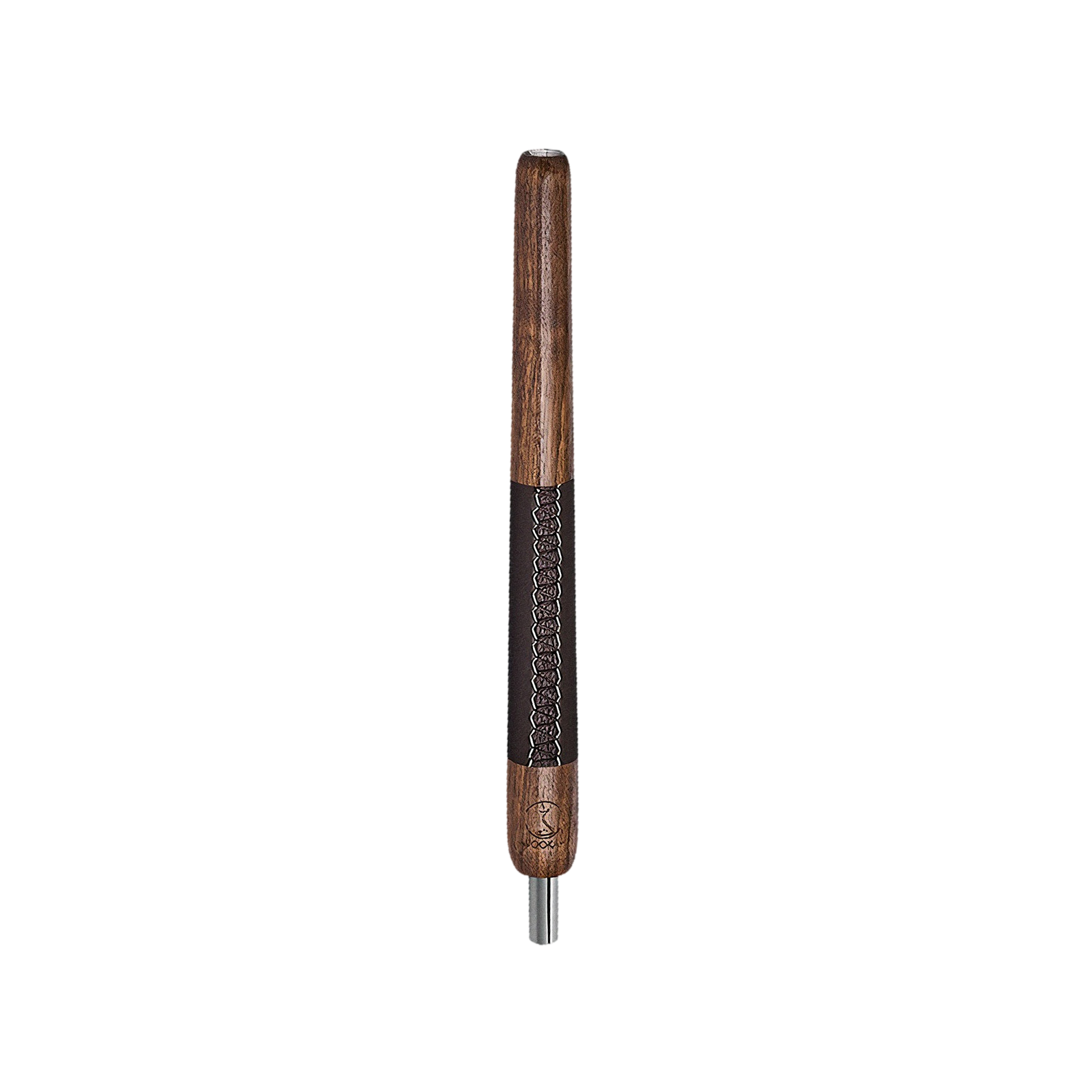 Wookah Holzmundst&uuml;ck Walnut Braun Leder, freigestellt, senkrecht mit Metallspitze unten