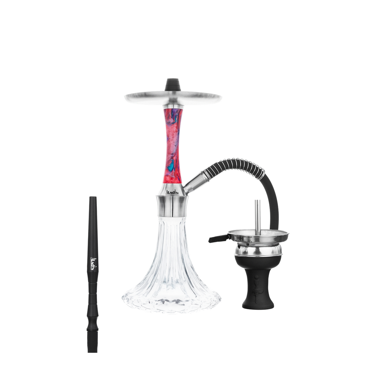 Aladin Epox 360 Pro Shisha Galaxy mit rot-blau marmoriertem Epoxidharz-Sleeve, Glasbowl, Schlauch und Kopf