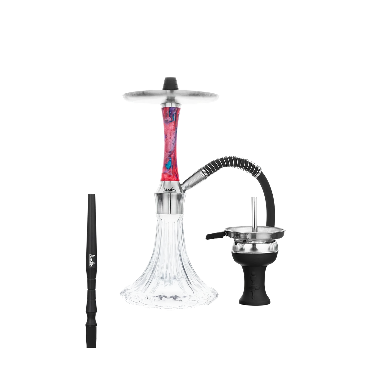 Aladin Epox 360 Pro Shisha Galaxy mit rot-blau marmoriertem Epoxidharz-Sleeve, Glasbowl, Schlauch und Kopf