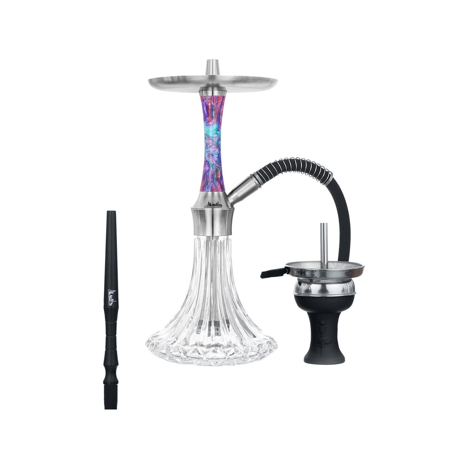 Aladin Epox 360 Shisha Purple Dream mit lila-t&uuml;rkis marmoriertem Epoxidharz-Sleeve, geschliffener Glasbowl, Schlauch und Kopf