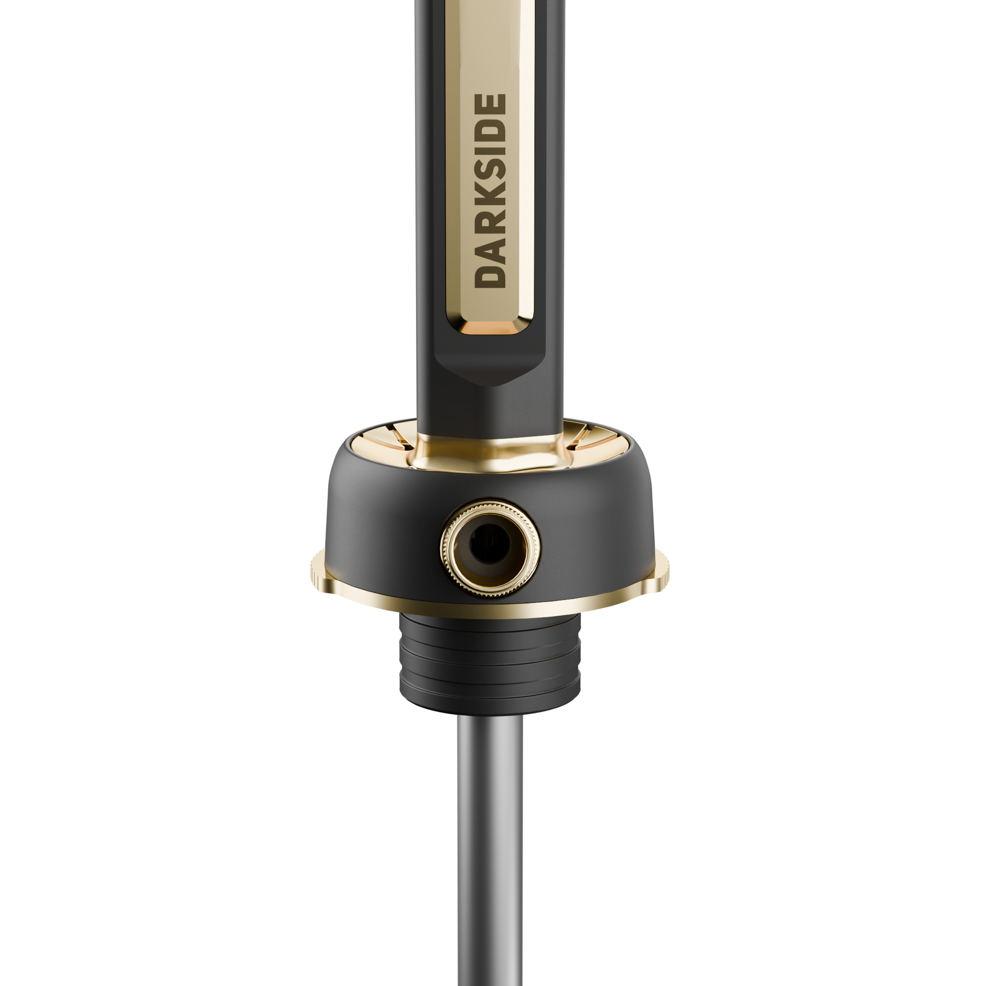 Darkside PRO Schwarz/Gold Detail des magnetischen Schlauchanschlusses mit Darkside-Schriftzug
