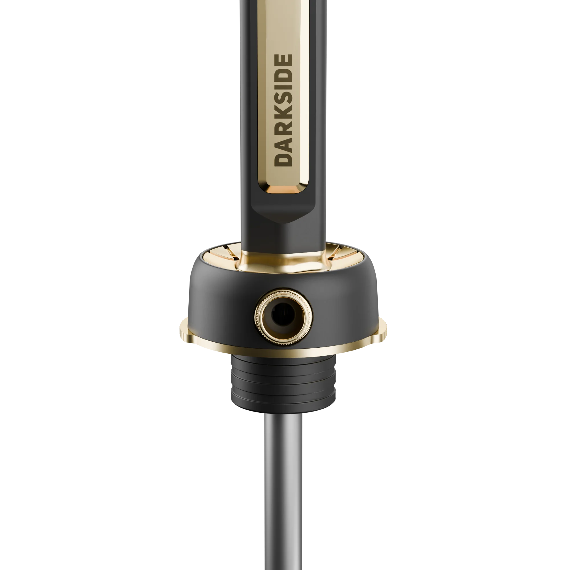 Darkside PRO Schwarz/Gold Detail des magnetischen Schlauchanschlusses mit Darkside-Schriftzug