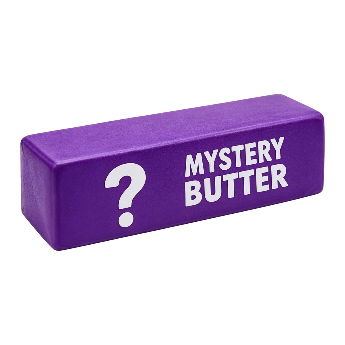 Lila Squishy in Butterst&uuml;ck-Form mit Fragezeichen und Aufdruck Mystery Butter