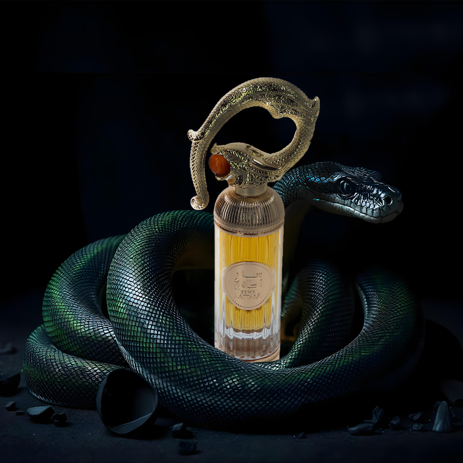 Lattafa Sehr Eau de Parfum in einem eleganten Flakon vor warmem, orientalischem Hintergrund