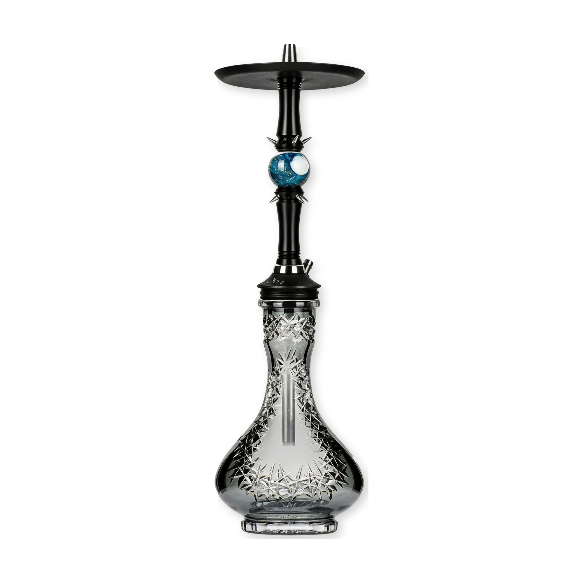 Moze Sphere 2 Frosted Earth als komplette Shisha: Rauchs&auml;ule in die Caesar Crystal Drop Frozen V Grey gesteckt, Tauchrohr im Glas sichtbar