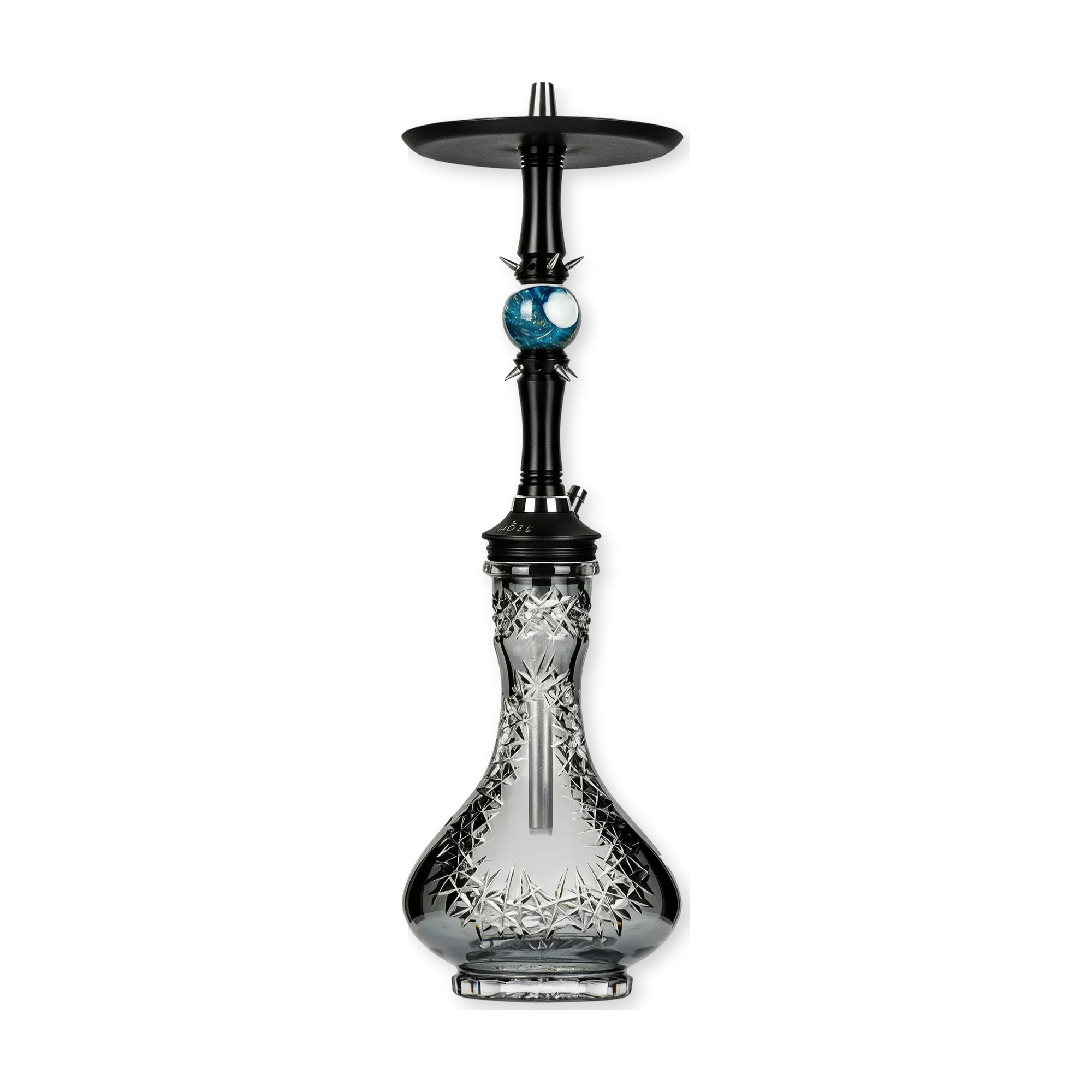 Moze Sphere 2 Frosted Earth als komplette Shisha: Rauchs&auml;ule in die Caesar Crystal Drop Frozen V Grey gesteckt, Tauchrohr im Glas sichtbar